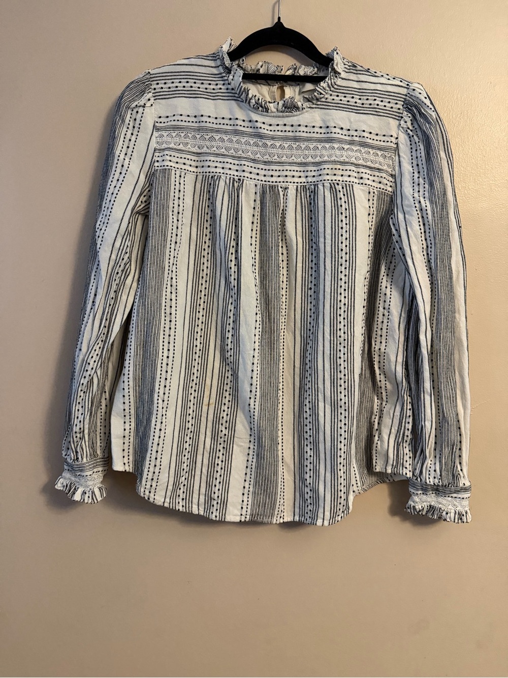 LOF White & Navy Striped Ruffle-Yoke Long-Sleeve Blouse